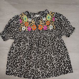 THML Black and White Floral Blouse with Colorful Embroidery